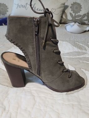 Mix No. 6 Olive Suede Lace-Up Peep-Toe Block Heel Bootie